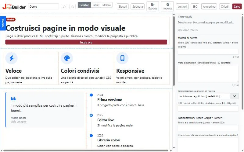 Editor live di JPageBuilder